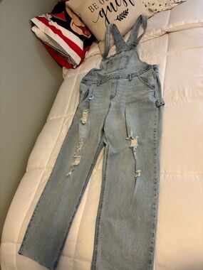 Light Blue Distressed Denim Overalls for Women